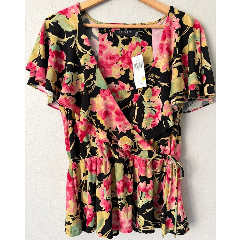 NWT Lauren Ralph Lauren Women Floral Ruffle Wrap Blouse L Pink Yellow Black Top